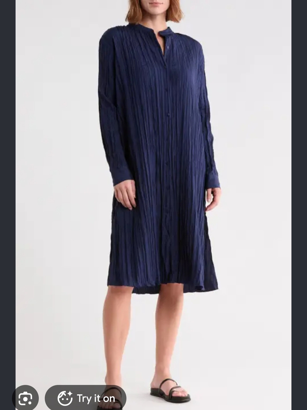 Eileen Fisher Pleated Crinkled Long-Sleeve Midi Shirt Dress